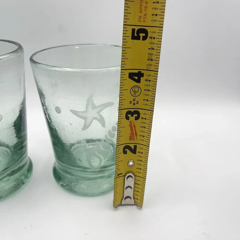 Set Of 4 Hand Blown Green Glass Etched Starfish Shell 8 oz 4” Heavyweight Bottom